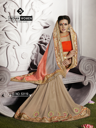 Ravishing Satin Embellished Designer Saree Blouse Designs - Satin Raw Silk 5.5m Orange 0.90m Blouse | Big Border Lightweight Wedding Wear Elegant Design