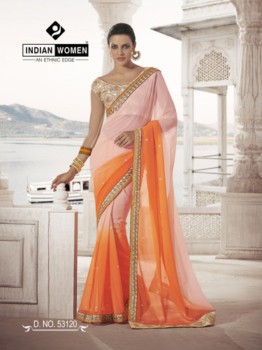 Georgette Orange Shaded Designer Indian Wedding Sari 
