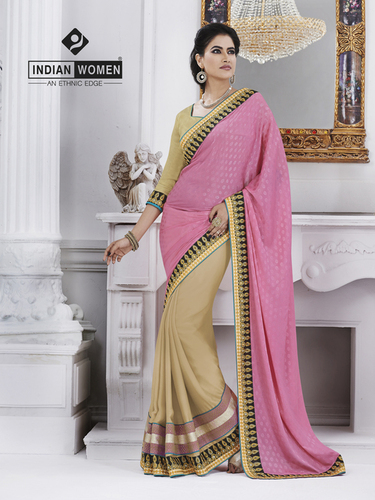 Enormous Embellished Jacquard Pink Half And Half Saree - Jacquard, Chiffon, Raw Silk, 5.5 Mtr, Pink, Light Yellow Blouse | Elegant Design, Intricate Embellishments, Bridal Wear, Traditional Style