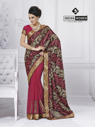 Fabulous Brasso Multi Designer Saree Online - 5.5m Brasso/Chiffon, Maroon, Raw Silk Blouse 0.90m | Elegant Design, Durable Fabric, Traditional Style
