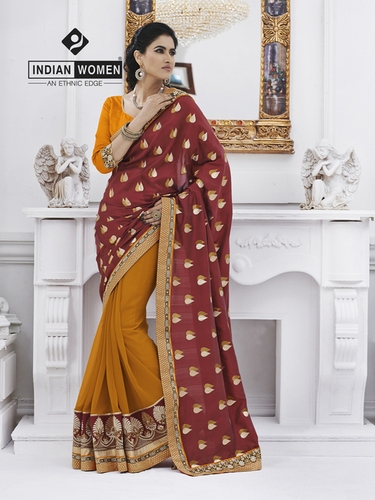 Bollywood Designer Sarees - Georgette Jacquard Saree 5.5m Maroon, Raw Silk Blouse 0.9m, Hand Embroidery, Elegant Design
