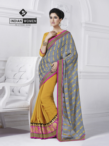 Charming Grey Jacquard Embroidered Saree