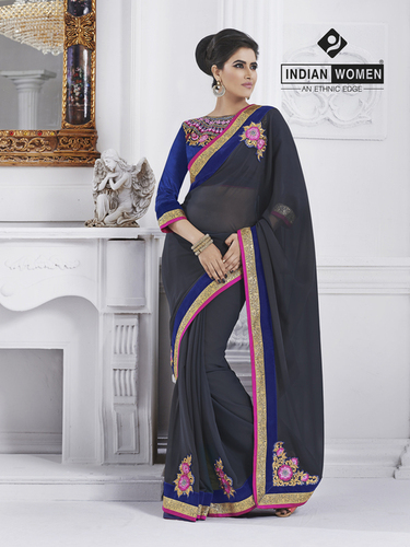 Embellished Grey Georgette Designer Sari - Georgette Fabric 5.5m, Raw Silk Blouse 0.9m | Floral Embroidery, Elegant Design, Handcrafted Quality