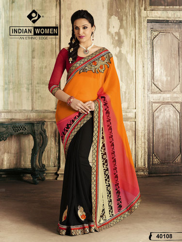 Orange & Black Chiffon Lehenga Sarees