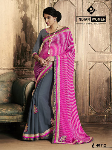 Pink Leheria Georgette Half And Half Designer Sari