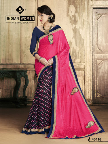 Pink Creape Jacquard & Chiffon Designer Net Sarees