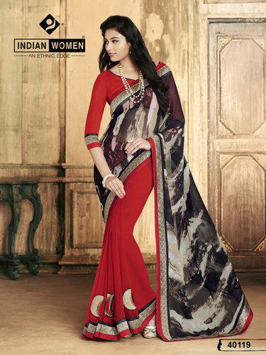 Black & red Georgette Digital Print Chanderi Sarees
