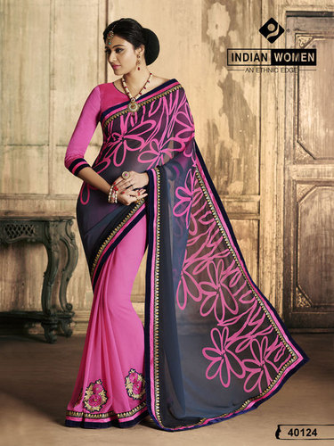 Pink & Blue Printed Online Sarees - Georgette Chiffon 5.5m, Raw Silk 0.90m, Pink Violet | Elegant Design, Vibrant Colors, Comfortable Wear