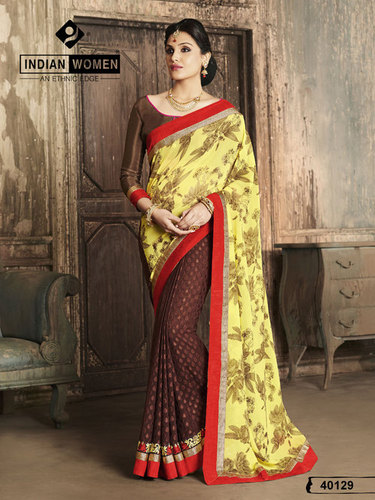 Yellow Chiffon flower Print Online Shopping Sarees