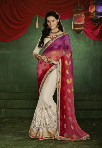 Embroidered Silk Sarees - Net Jacquard 5.5m Multi Color, Raw Silk Blouse 0.90m | Resham Zardozi Embroidery, Elegant Design