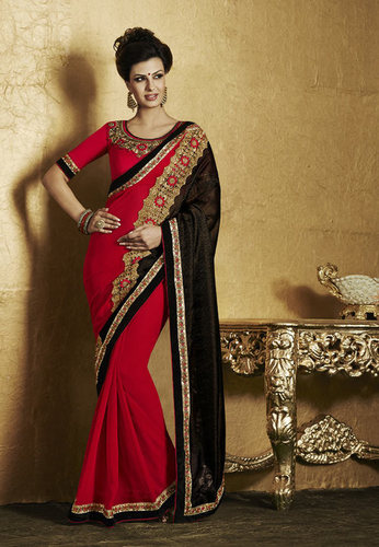 Surat Party Wear Sarees - Chiffon Saree 5.5m, Raw Silk Blouse 0.9m, Red | Geometric Floral Embroidery, Skin Friendly, Traditional Modern Flair