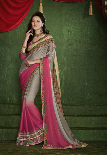 Printed Designer Saree - Satin Chiffon 5.5m Grey, Raw Silk Pink Blouse 0.9m | Elegant Design, Soft Fabric, Embroidery