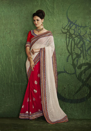 Casual Printed Designer Saree - Net Jacquard Silk, 5.5m, Red | Intricate Embroidery, Zari Work, Floral Design