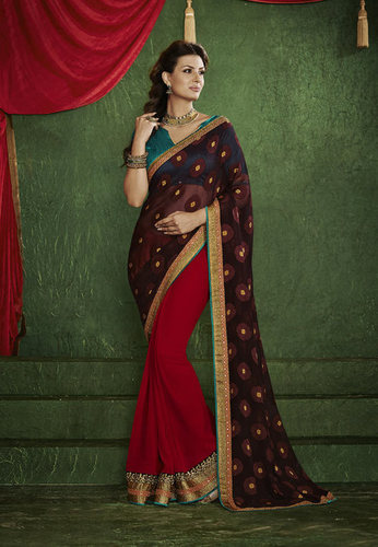 Surat Bandhani Sari - Georgette Jacquard Silk 5.5 Mtr Wine, Green Raw Silk Blouse 0.90 Mtr, Elegant Durable Design
