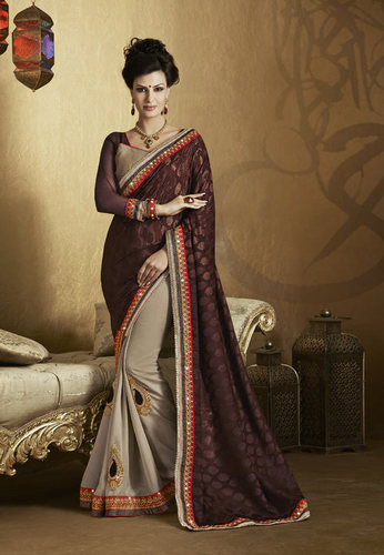 Latest Designer Saree - Sparkle Jacquard Cotton, 5.5 mtr Length, Wine Color, Light Gold Raw Silk Blouse | Comfortable Wear, Elegant Design, Stunning Drape