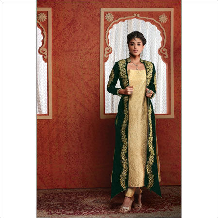 Stylish Cream And Green Party Wear Salwar Kameez