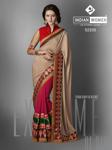 Indian Wedding Sarees - Crepe Jacquard 5.50 m Light Brown, Raw Silk Blouse 0.90 m, Intricate Embroidery, Colorful Dyeing