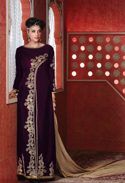 Marvelous Indigo Velvet And Net Salwar Suit.