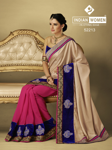 Patola Silk Sarees - Satin Jacquard Saree 5.50 mtr Light Gold, Velvet Blouse 0.90 mtr Violet | Elegant Drape, Handwoven Gold Border, Embroidery