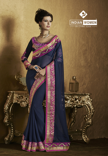 Fancy Blouse Designer Sari - Chiffon 5.5m, Raw Silk Blouse 0.90m Violet, Embroidered, Elegant Design