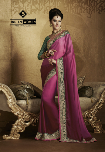 Pink Chiffon Sarees - Satin Chiffon 5.5 Mtr, Pink, Jacquard Blouse 0.90 Mtr | Elegant Lightweight Wedding Saree, Big Border