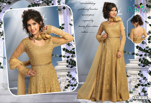 Full Length Anarkali Suit - Net Fabric, Size L, Golden Color | 8m Flair, Elegant Design, Embroidered Work, Comfortable Wear, Stylish Look