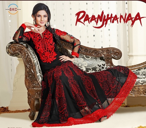 Black Embroidered Georgette Material Suit With Nazmin Dupatta - Georgette Kameez 2.25, Santoon Salwar 2.25, Black, Elegant Design, Intricate Embroidery