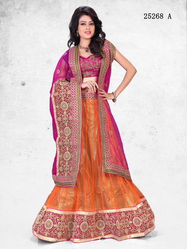 Lehnga - Nett & Chandeli Broket Fabric, Magenta & Coral, Heavy Embroidery, Hand Work, Velvet Border, Wedding Wear