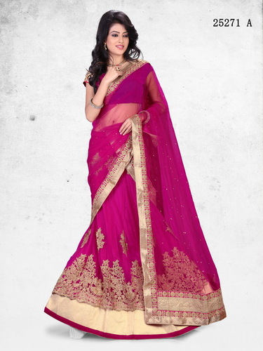 Lehnga - Velvet Blouse, Nett & Satin Lehenga, Magenta, Three Layer Multi-coding Work, Traditional Wedding Wear