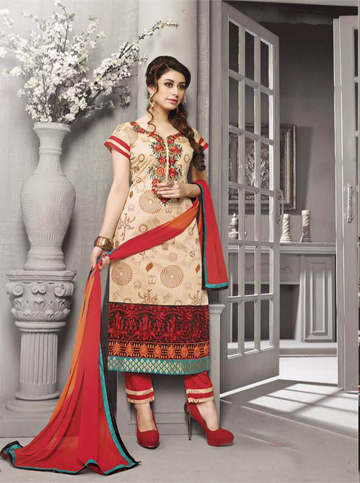 Irish cream and Red Orange colour cotton suit