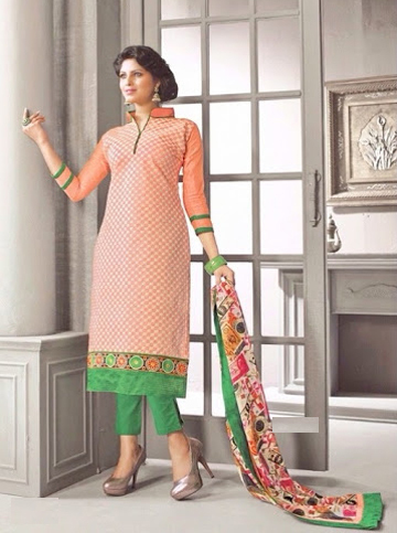 Peach-and-Green-Cotton-Suit - Cotton and Chiffon Fabric, Embroidered Salwar Kameez Set, Matching Bottom and Chiffon Dupatta