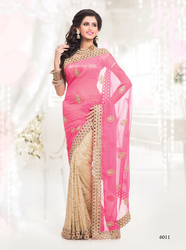Saree - Chiffon & Shently Fabric, Pink & Gold, Half & Half Design, Butta Work, Cut Work Border, Shimmer Blouse