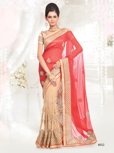 Red Georgette Net Sari 5.5m - Half and Half, Butta Work Pallu, Chain Stitch Skirt, Cutwork Border, Shimmer Gold Blouse
