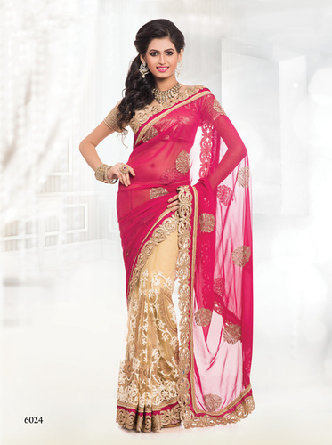 Coral Pink Georgette Sari - Georgette & Net, 5.5m, Half and Half, Coral Pink with Gold Shimmer Blouse Fabric, Chain Stitch Skirt & Embroidery Border