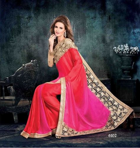 Heavy Cut Work Saree - Satin Georgette, Shaded Rani Pink, 5.5m | Long Sleeves Blouse, Embroidered Border, Elegant Design