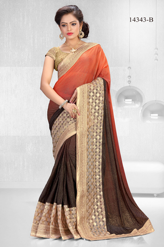 Broket Saree - Lycra, 5.5 Meters, Maroon & Candy Orange | Heavy Gold Border, Gold Sequins, Elegant Party Wear