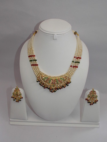 Jadau Sets - Gold, 16 Inch Necklace, Multicolored Gemstones, Pearls | Elegant Design, Stud Earrings, Traditional Style, 20 Grams