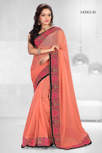 Peach Saree - Lycra 5.5 Meters, Peach, Black Blouse, Kashmiri Multi Thread Border, Velvet Patti