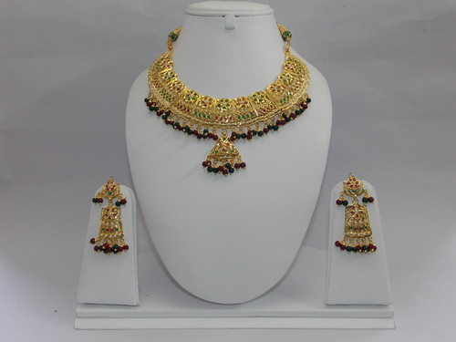 Jadau Sets - Gold-Plated Alloy, 16 Inches, Gold Color | Elegant Design, Black Beads, Danglers, Matching Set