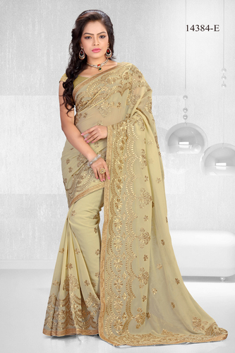 Golden Look Saree - Viscose Georgette, 5.5 Meters, Beige | Heavy Embroidery, Scalloped Border, Delicate Lace, Zari Detailing, Blouse Piece Included