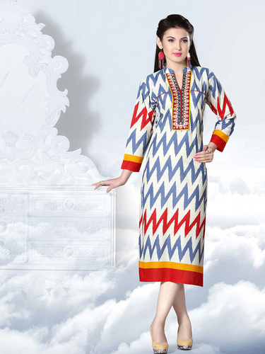 Multi Colour Cotton Stitched Kurti - Cotton XL Multicolor Knee-Length V-Neck | Soft Cotton Stylish Design Three-Quarter Sleeve Comfortable Fit