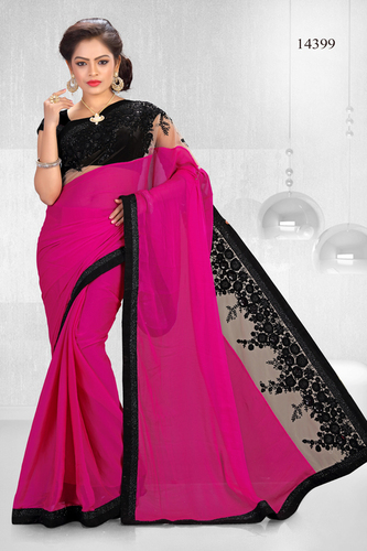 Rani Pink with Beiging Nett Patta and Black Thread Embroidery