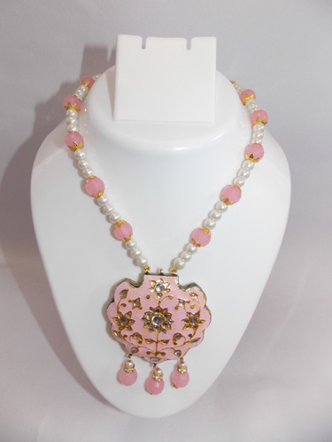 Pendent Set - Metal & Pearl, 5x5 cm Pendant, Pink | Elegant Design, Clasp Fastening, 40-45 cm Length