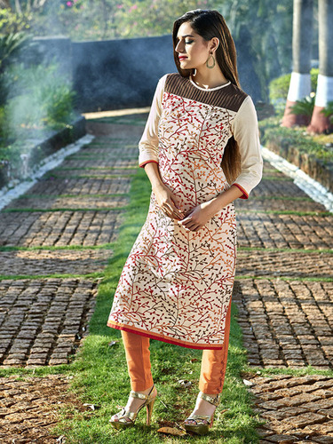 Long Cotton Kurti - Cotton, S-XL, Cream | Embroidered, Comfortable, Three-Quarter Sleeve