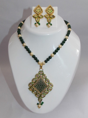 Pendent Set - Alloy, 2x2 cm, 16 Inch Chain, Gold | Elegant Design, Gemstone Accents, Matching Earrings