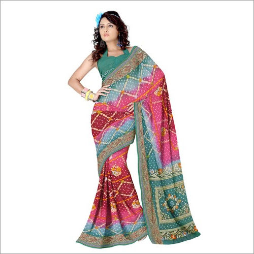 Red And Sky Blue Traditional Bandhani Saree