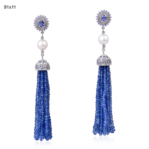Pearl Diamond Earring - 18k Yellow Gold 925 Silver, Tanzanite Pearl Diamond Tassel Dangle, Pave & Prong Setting