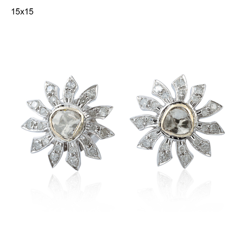 Silver Diamond Earring - .925 Sterling Silver & 18k Yellow Gold, Pave & Bezel Setting, Stud Design