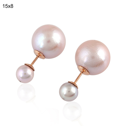 Pearl Tunnel Earrings - 18k Yellow Gold, 15x8 mm, Rose Gold Pearl Accents | Elegant Design, Durable, Stylish Accessory
