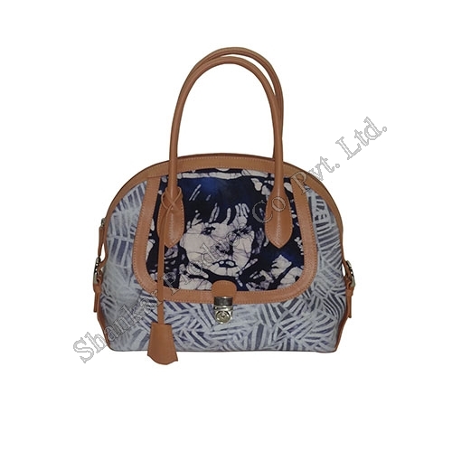 Cotton Hand Bag Batik with Leather Trims